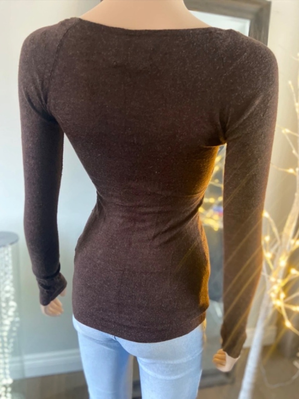 Ladies Brown Long Sleeve Deep V-Neck Sweater - Size S - Picture 4 of 10
